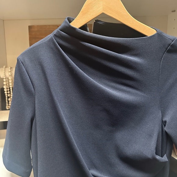 Maggy London asymmetrical neckline sheath midi dress in navy - Picture 3 of 7